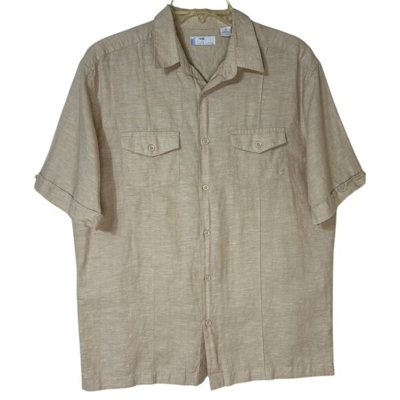 2 Cafe Luna 60% Linen 40% Cotton Button-Up Shirts Black & Tan Size Medium - Picture 2 of 6